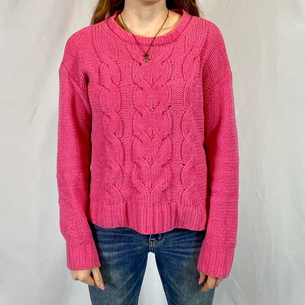 Pink Chenille Cable-Knit Sweater